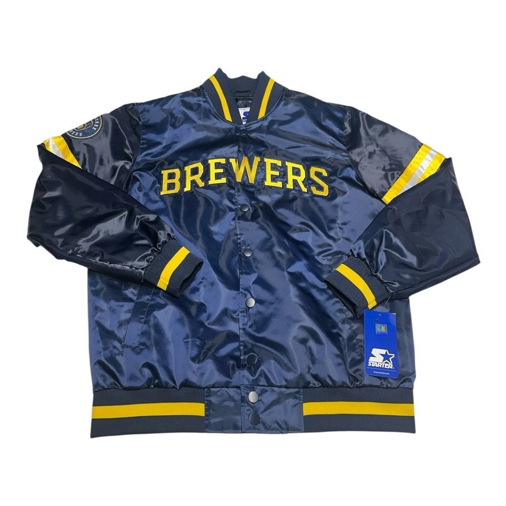 Starter Milwaukee‎ Brewers Jacket Mens M Navy Blue Faux Satin Bomber Snap Button